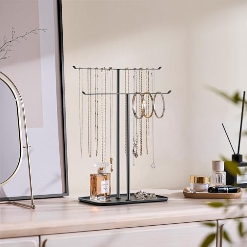 pickpiff Necklace Holder Jewelry Organizer Stand – 2‑Tier T‑Bar Jewelry Display Tree with Tray for Countertop Necklace Bracelet Earring Storage, Vanity Dresser Bathroom Sink, Black - color: Black