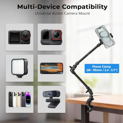 SmallRig 26" Magic Arm with Super Clamp, Overhead Phone Mount, Flexible Desk Camera Mount with 1/4" Screw and Cable Clip, Max Load 2.2lb, for iPhone, Action Camera, Video Light, Webcam, Mic - 5625 - style: Double Ball Joints with Cable Clip