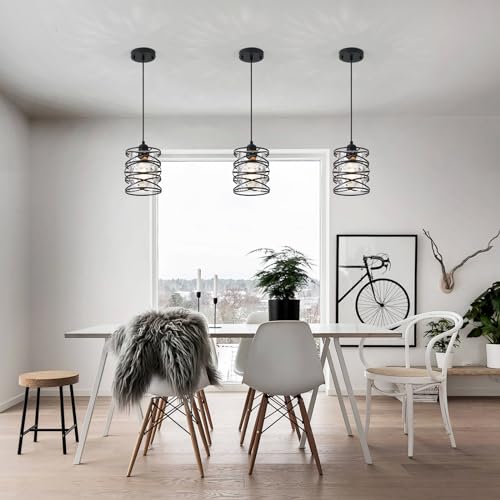 Hammered Glass Pendant Light, Black Metal Spiral Cage Hanging Lamp, Adjustable Height Modern Hanging Light Fixture for Kitchen Island, Dining Room, Living Room, Hallway, Entryway - color: 1-Pack Hammered Glass 6.30in