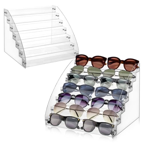 2 Pack 7 Tier Sunglass Organizer Stand, Versatile Acrylic Sunglass Holder Display Stand Sunglass Storage Tray for Highlighting Glasses Makeup Nail Polish Graded Cards - color: Clear-7 Tier-1
