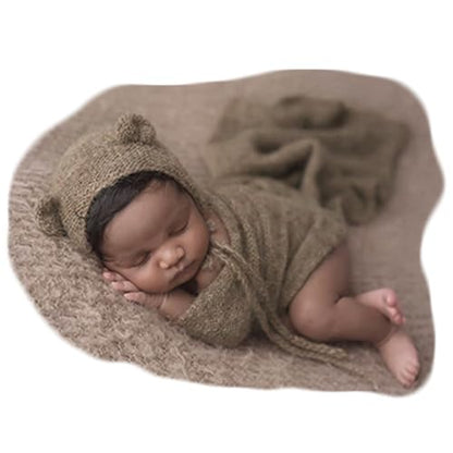 Newborn Photography Props Handmade Bear Hat Wrap Set for Baby Boys Girls Photoshoot Knitted Bonnet Blanket Photo - color: Brown