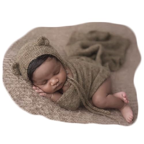 Newborn Photography Props Handmade Bear Hat Wrap Set for Baby Boys Girls Photoshoot Knitted Bonnet Blanket Photo - color: Brown