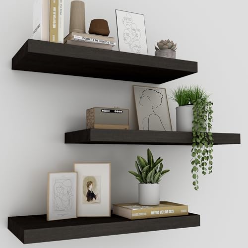 Upassion Floating Shelves for Wall Set of 3, 16" Black Wall Shelves for Home Decor, Frame Display Floating Shelf for Living Room, Bedroom, Bathroom, Kitchen - color: Black, size: 16 Inch