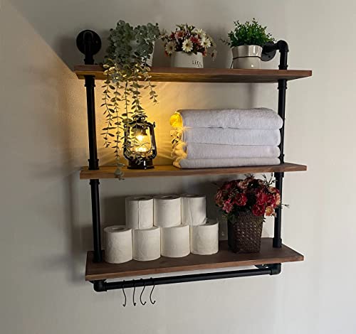 ROGMARS Industrial Floating Pipe Wall Shelves with Towel Rack,30 in Industrial Pipe Shelving Rustic Wine Hanging Display Rack Storage Shelve Wall Mounted for Living Room,Bathroom,Kitchen - color: Rustic Brown, size: 30 inch 3 tier