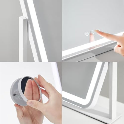 HIEEY Vanity Mirror with Lights, 13.5" x 17.4" Makeup Mirror with Lights, Three Color Lighting Modes, and 5X Magnification Mirror, Smart Touch Control, 360°Rotation (White,Gift Box) - style: 13.5" x 17.4" (96 LED)