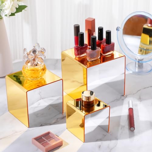 Chuangdi 2 Sets Acrylic Display Risers, Product Stand, Jewelry Display Riser Shelf Showcase Fixtures for Dessert Cupcake Candy Figure Treat Action Showcase (Gold,Medium Set) - color: Gold, size: Medium Set