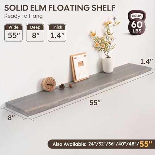 Long Live Edge Floating Shelf, 55 Inch Solid Elm Wood - Weathered Gray Rustic Wood Wall Shelf with Invisible Brackets for Living Room, Kitchen, Bathroom - color: Driftwood Gray, size: 55"L, 1-Pack