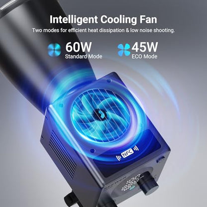 NEEWER 60W Mini LED Video Light with 50Wh Battery/100W PD Fast Charging, APP/2.4G Control/NFC, Bi Color Dimmable COB Studio Continuous Output Lighting 44,800 lux/1m 2700-6500K CRI97+ 12 Scenes, HB60B
