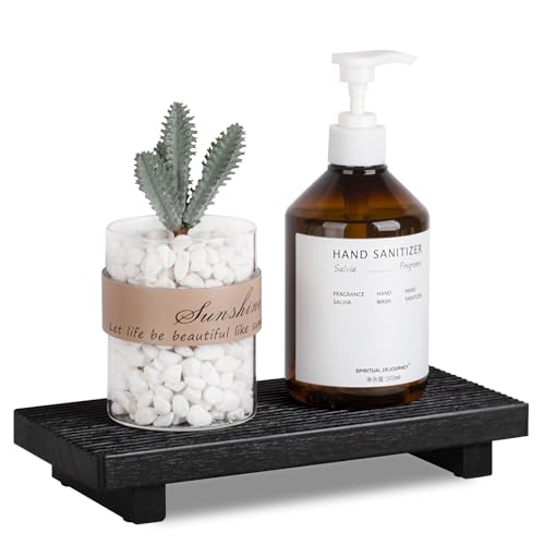 Bathroom Tray Farmhouse Decor Pedestal Stand Wood Riser Display Kitchen Accessories Soap Holder for Sink, Counter, Vanity,10 * 4.5 Black - color: Black, size: 10" x 4.5" x 1.6"