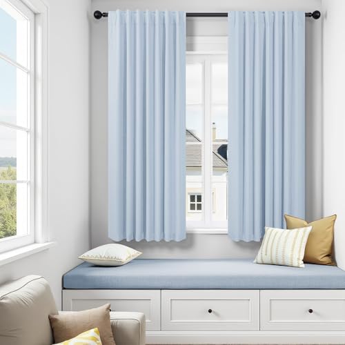 Baby Blue Curtains for Bedroom 45 Inch Length 2 Panel Linen Blackout Short Curtains for Nursery Boy Girls Bathroom Kitchen Light Bluey Unisex Black Out Drapes for Living Room Heat Cold Light Blocking - color: Light Blue, size: 52"W x 45"L (Pack of 2)
