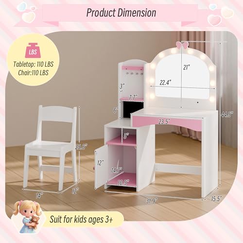 Girls Vanity Table and Chair Set, Kids Vanity with Jewelry Organizer for Princess, Toddler Makeup Vanity Desk with Open Shelf, Closed Cabinet and Butterfly Pattern, White - color: White