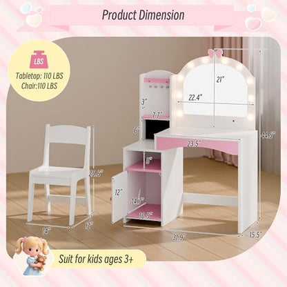 Girls Vanity Table and Chair Set, Kids Vanity with Jewelry Organizer for Princess, Toddler Makeup Vanity Desk with Open Shelf, Closed Cabinet and Butterfly Pattern, White - color: White