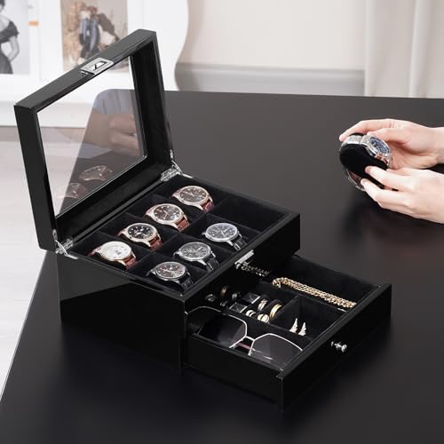ProCase Wooden Watch Case, 8 Slot Mens Watch Box with Drawer, 2-Layer Mens Jewelry Box Storage Holder Organizer Display Case, Valentine Anniversary Birthday Gifts for Men Women -8 Slot, Piano Black - color: Piano Black (Piano-Gloss Finish), size: 8-Slot