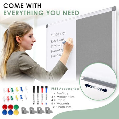 Combination Magnetic Whiteboard & Fabric Board,Dry Erase Board Bulletin Board 36x24inches Combo Vision Board for Wall,Home,School,Office - color: Grey-vertical, size: 36"W x 24"H