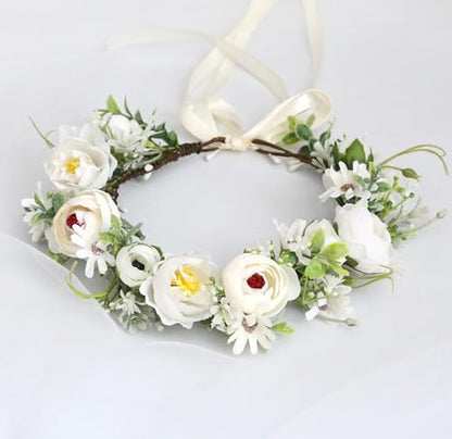 Bridal Flower Crown Flower Headband Floral Halo Floral Crown Wedding Party Cosplay Halloween Costume Photos - color: ivory white