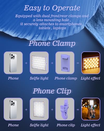 60 LED Portable Selfie Light Video Conference Lighting with Clip & Camera Tripod Adapter Rechargeable 2000mAh CRI 97+, 3 Light Modes for Phone iPhone Webcam Laptop Photo Makeup (Dreamy Blue)