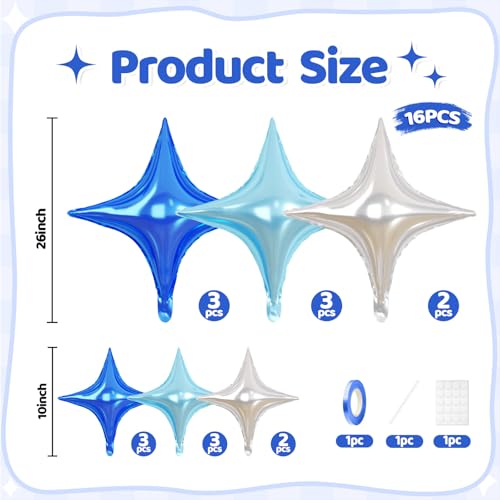 Blue Silver Star Balloons, 16 PCS Blue Four Angle Star Foil Balloons, 26 Inch and 10 Inch Silver Stars Shaped Balloon for Graduation Birthday Baby Shower Anniversary Retirement Party Decorations - color: Blue Silver