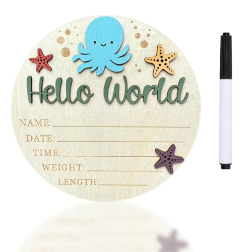 Baby Announcement Sign, 5.9 Inch Hello World Newborn Sign for Hospital, 3D Wooden Ocean Nursery Decor with Octopus & Starfish, Birth Stats Plaque with Marker, Arrival Photography Prop (Forest Green)