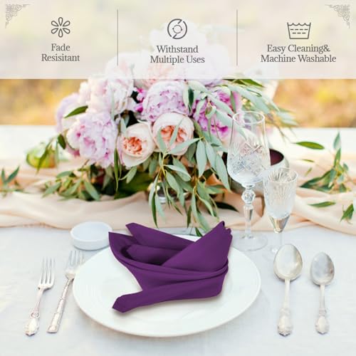PLOYMONO Eggplant Heavy Duty Cloth Napkins - 17 x 17 Inch Solid Washable Polyester Dinner Napkins - Set of 8 Napkins with Hemmed Edges - Great for Weddings, Parties, Banquets Dinner & More - color: Eggplant