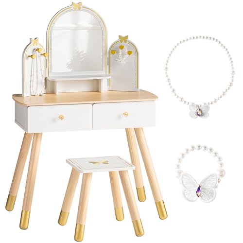 ROBUD Kids Vanity Table and Chair Set, Girls Vanity Set with Mirror, Pretend Play Kids Vanity, Makeup Dressing Table with Drawer and Accessories, Age 3+ (Platinum) - color: Platinum