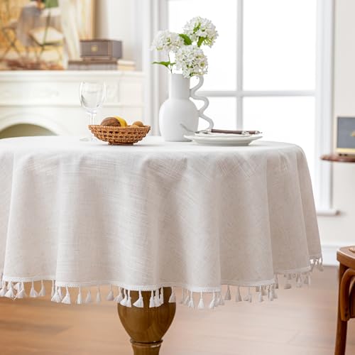 JIALE Textured Tablecloths, Heavy Duty Cotton Linen Farmhouse Table Cloth Round Table, Waterproof Wrinkle-Free Rectangle Tablecloth for Kitchen, Dining, Parties, 55"x55", Ivory - color: Ivory Tassel, size: 55" (Round)