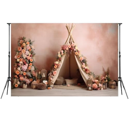 6x4ft Boho First Birthday Backdrop for Girl Pink Flowers Tent Decorations Photography Background Newborn Baby Shower Cake Smash Photoshoot Props - size: 6x4ft