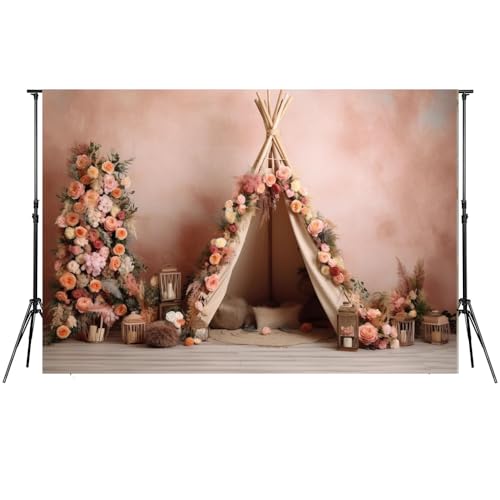 8x6ft Boho First Birthday Backdrop for Girl Pink Flowers Tent Decorations Photography Background Newborn Baby Shower Cake Smash Photoshoot Props - size: 8x6ft
