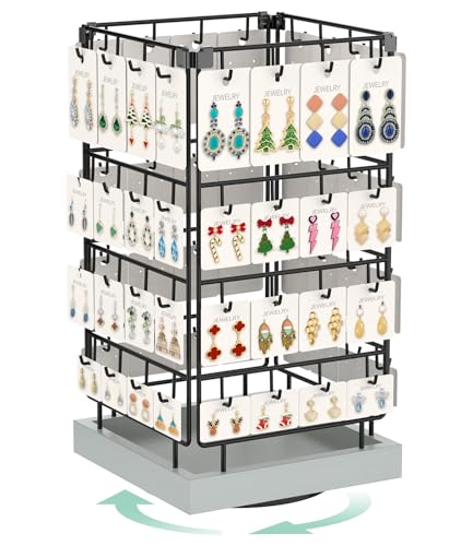 EsLuker.ly Rotating Earring Display Holder Stand for Vendors Events Selling, Large Capacity 64 Hooks Jewelry Rack with Wooden Base for Earring Card Sales, Enhances Retail Visibility (Light Grey) - color: Light Grey+Black