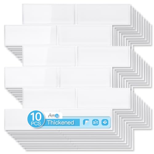 Art3d 10-Pack Heavy-Duty Peel and Stick Backsplash, 12 x 12 Inch Vinyl Seaglass Subway Design Stick on Wall Tile for Kitchen Living Room Home Decor, White - color: White