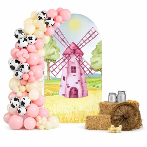Pink Windmill Arch Backdrop Covers 6x2.6ft(HxW) for Barn Farm Birthday Party Decorations Double-Sided Chiara Arched Stand Fabric Cover Kids Baby Shower Parties Tablecloth Props - color: windmill92, size: 2.6x6ft cover