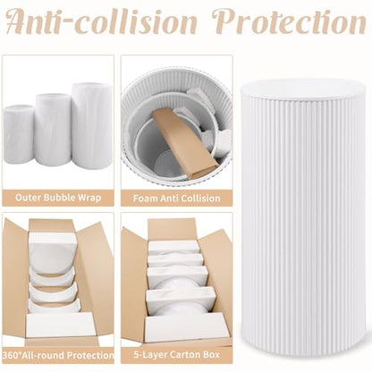 Metal Pleated Cylinder Pedestal Stands for Party, 3 Pieces Heavy Duty Round Cake Pedestal Stand Display Plinth Pillars Art Decor for Wedding Ceremony Birthday Party（Large, White） - size: XXL:35.63"x40", XL:29.72"x14.17", L:23.82"x12.6"