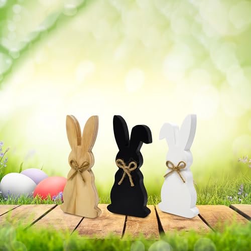Easter Wooden Bunny Decor Set of 3 Rustic Farmhouse Spring Rabbit Table Decorations Wood Block Figurines Tiered Tray Shelf Mantel Display