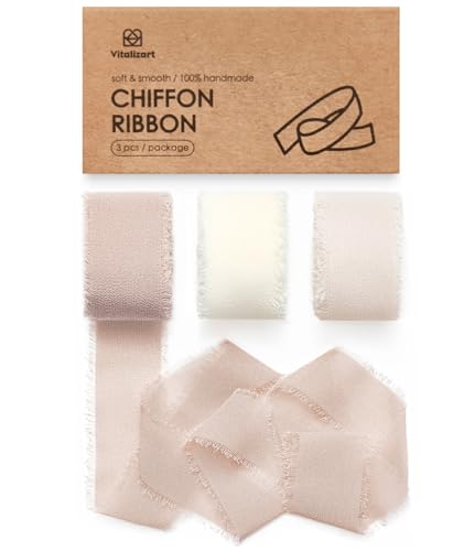 Vitalizart Chiffon Silk Ribbon 1" x 21 Yd Nude & White Fringe Fabric Package (3 Rolls * 7 Yd) for Wedding Invitations Bridal Bouquets Decorations Gifts Wrapping & Bow Making - color: Nude & White