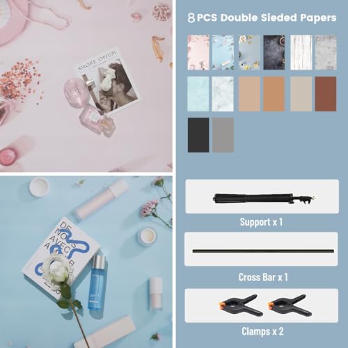 8PCS 16 Patterns Backdrop Papers with T-Stand, 22x34 Inch Double Sided Waterproof Dustproof Photography Backgrounds Paper,Clear and Realistic Picture Quality for Food, Jewelry Photo Shooting - color: T+8P