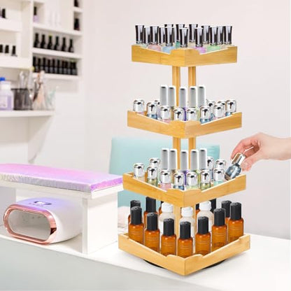 ZAVOOS Nail Polish Organizer, 4 Tier Bamboo Stand Essential Oil Display Rack for 120-212 Bottles, 360° Rotating Large Capacity Cosmetics Storage Shelf Holder for Home Spa, Business Salon