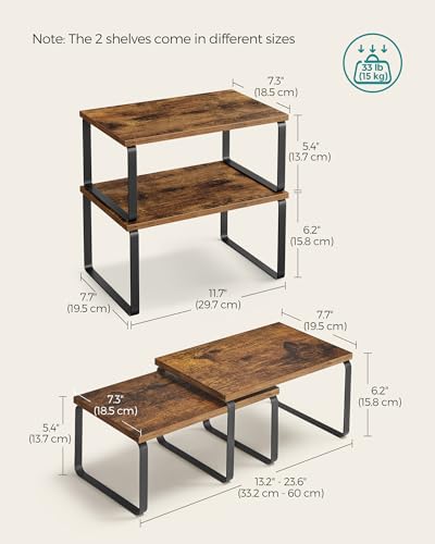 SONGMICS Cabinet Organizer Shelf, Set of 2 Kitchen Counter Shelves, Kitchen Storage, Spice Rack, Stackable, Expandable, Metal and Engineered Wood, Ink Black and Rustic Brown UKCS020X01 - color: Ink Black + Rustic Brown, size: 11.7"W