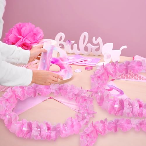 Sherr 24 Pcs LED Light Pink Leis Light up Wedding Hawaiian Leis Flower Necklace with LED Lights Beach Tropical Carnival Party Wedding Supplies Luau for Masquerade - color: Baby Pink