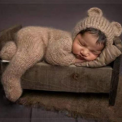 Newborn Baby Photography Props Outfits Cute Bear Hat Romper Set Infant Baby Boy Girl Photoshoot Props Costume ﻿ - color: Khaki