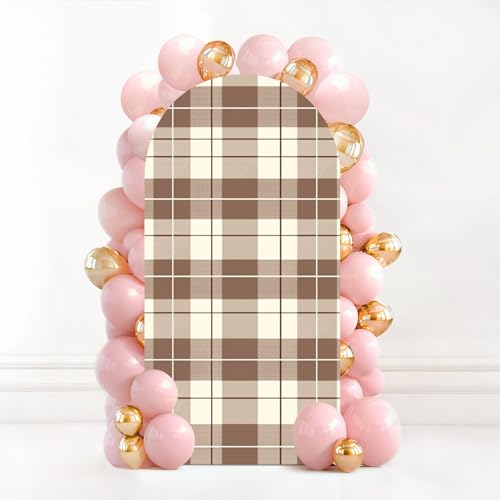 6.6FT Wedding Arch Backdrop Cover Brown White Plaid Check Seamless Patten Tartan Autumn Plaid Textured Spandex Fitted Fabric Round Top Stretchy Stand Covers for Baby Shower Birthday Party Decoration - color: Color4, size: 6.6x3.3 FT