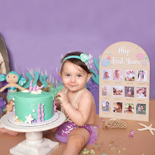 Mermaid Monthly Wooden Photo Board - Under The Sea 1st Birthday Party Decoration, Ocean Themed Milestone Board, 12-Month Photo Frame, Underwater World 1-12 Month Milestone Photo Board
