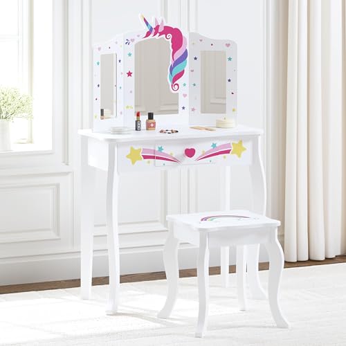 Spirich Kids Vanity, Girls Vanity Set with Mirror and Stool and Lights, Kids Vanity Table and Chair Set, Wooden Princess Makeup Desk Dressing Table - size: Unicorn and Rainbow