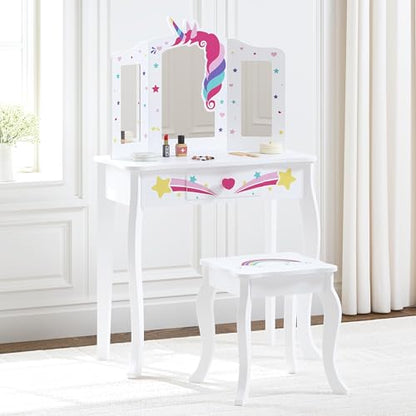 Spirich Kids Vanity, Girls Vanity Set with Mirror and Stool and Lights, Kids Vanity Table and Chair Set, Wooden Princess Makeup Desk Dressing Table - size: Unicorn and Rainbow