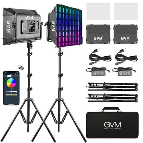 GVM RGB Photography Lighting Kits with 2 Softboxes, 680RS 50W Studio Lights with Bluetooth Control, 2 Packs Video Light with 18 Lighting Scenes, led Panel Lights for Video Recording, 8500lux/0.5m - size: 2 Packs with Softboxes