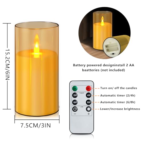 wemarry Flameless Candles Acrylic Glass Pillars 3" D x 6" H Battery Operated Flickering Candles Include 8-Key Remote with Timer Function 400+ Hours (Amber, Warm Light 2 Pack) - color: Amber, size: Warm Light 2 Pack
