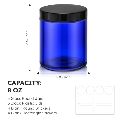 Tecohouse 8oz Glass Jars with Lids, 3 Pack Candle Jars with Blank Labels, 250g Blue Wide Mouth | Cosmetic Containers for Sample, Cream, Lotion, Honey, Powder, Jelly | Kitchen & Home - color: Blue-Black Lids