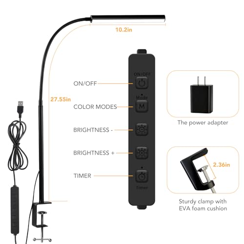 Small LED Desk Lamp with Clamp,Eye-Caring Clip on Lamp for Desk, 5 Modes 10 Brightness, Flexible Gooseneck USB Adapter Table Lamps for Home Office, Sewing（Black） - color: Std.-Black