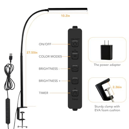 Small LED Desk Lamp with Clamp,Eye-Caring Clip on Lamp for Desk, 5 Modes 10 Brightness, Flexible Gooseneck USB Adapter Table Lamps for Home Office, Sewing（Black） - color: Std.-Black