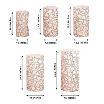 Efavormart Set of 5 Rose Gold Sequin Mesh Cylinder Display Box Stand Covers with Leaf Vine Embroidery, Sparkly Sheer Tulle Pedestal Pillar Prop Covers - color: Rose Gold, size: Sequin Mesh Cylinder Covers - Leaf Pattern