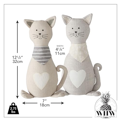 Cat Door Stops, Set of 2, Grey and White Woven Fabric, Black Embroidery Cotton, Linen, Polyester, & Filling, Weighted Prop, 12.5 Inches, 2.75 lbs. (Not a Toy) - color: Cats, Grey and White