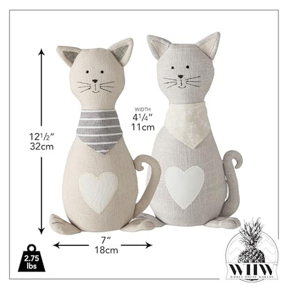 Cat Door Stops, Set of 2, Grey and White Woven Fabric, Black Embroidery Cotton, Linen, Polyester, & Filling, Weighted Prop, 12.5 Inches, 2.75 lbs. (Not a Toy) - color: Cats, Grey and White